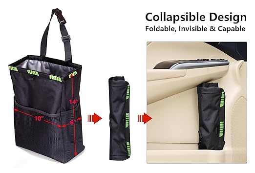 Ginsco 3.5 Gallons Large Capacity Hanging Car Trash Bag, Reusable Car Trash Can, Leakproof Car Garbage Bag, Foldable Waterproof Car Organizer Cooler with 4 Pockets for Camping Traveling