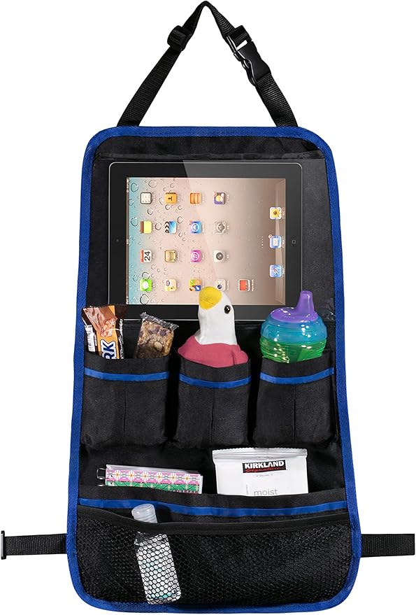 Handy Laundry Back Of Seat Car Organizer For Kids and Family. Storage pocket for Tablet plus five additional pockets to hold children travel accessories like sippy cups, bottles, toys, snacks.