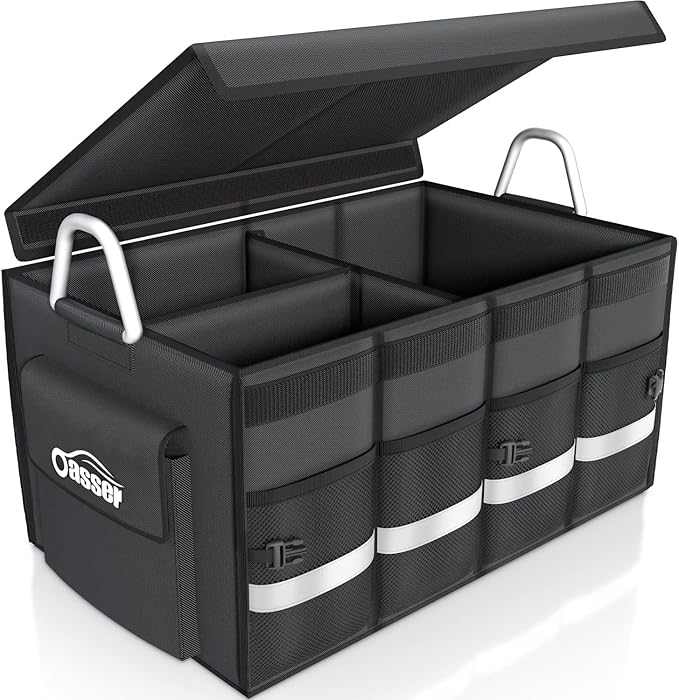 Oasser Trunk Organizer Cargo Organizer Trunk Storage Waterproof Collapsible Durable Multi Compartments with Foldable Hard Cover Aluminium Alloy Handle Reflective Strip (Large, Black)