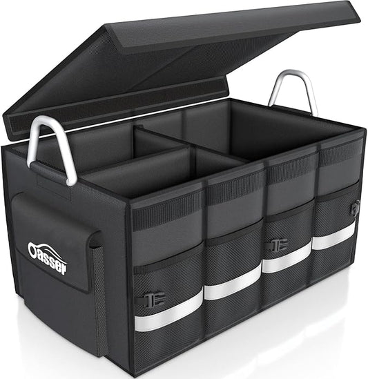 Oasser Trunk Organizer Cargo Organizer Trunk Storage Waterproof Collapsible Durable Multi Compartments with Foldable Hard Cover Aluminium Alloy Handle Reflective Strip (Large, Black)