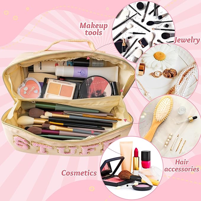 Y1tvei Pink Stuff Makeup Bag - Large Capacity Beige Cosmetic Pouch, Nylon Stony Clover Nylon Stony Clover Makeup Pouch Outfit Decoration Wide Open Cosmetic Package Travel Gift for Women Birthday Party