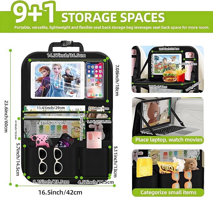 2PCS Backseat Car Organizer with Foldable Tray-9+2 Pockets Car Organizer and Storage,Car Seat Back Protector Road Trip Essentials Storage Caddy/Stuff for Cars/Truck/SUV Christmas Gifts