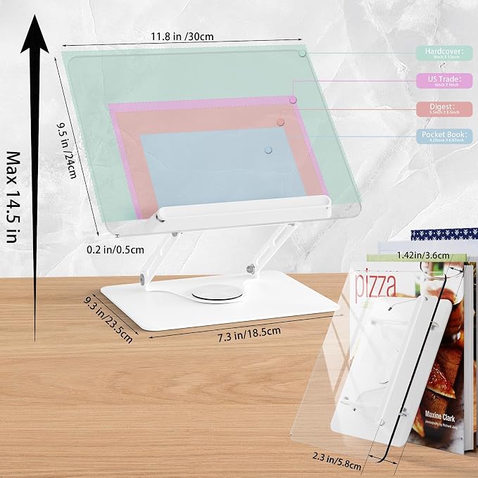 HAUTOCO Adjustable Acrylic Book Stand for Reading, 360° Rotating Base, Foldable Desktop Book Holder with Elastic Page Clips, Hands-Free Cookbook Stand for Laptop, Tablet, Recipe, Textbook, Music Score