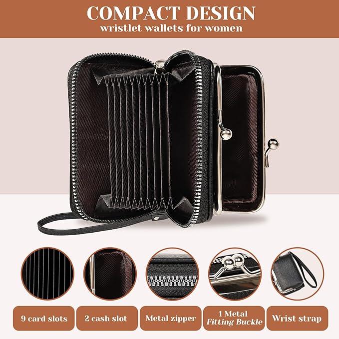 Women's RFID Blocking Wristlet Wallet - 2-in-1 Zip-Around with Coin Purse & Card Slots - Vegan Leather with Secure Clasp (Gift Ready)(Black)