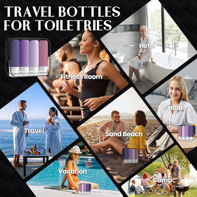 Silevoler Travel Bottles for Toiletries, TSA Approved Silicone Travel Size Containers for Toiletries, BPA Free Leak Proof Refillable Essentials Accessories, Shampoo and Conditioner Bottles (Purple)