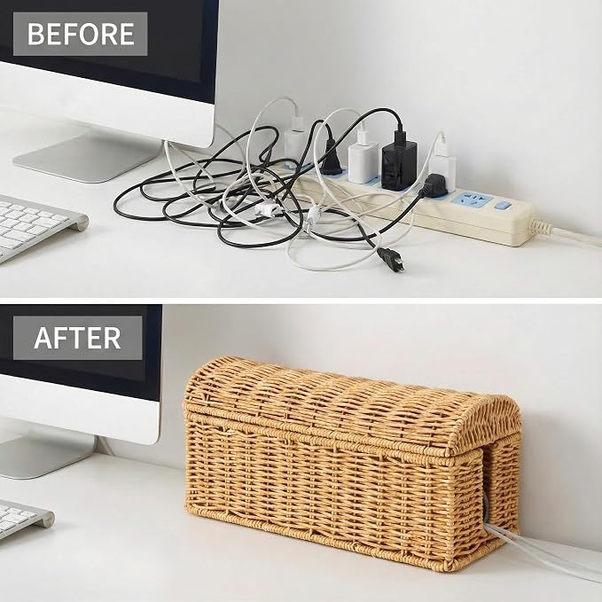 Cable Management Box, Handwoven Rattan Cable Organizer, Cord Organizer Box to Hide Cords & Power Strip, Boho Wire Hider Basket for Home Office, Dome Cover, Natural