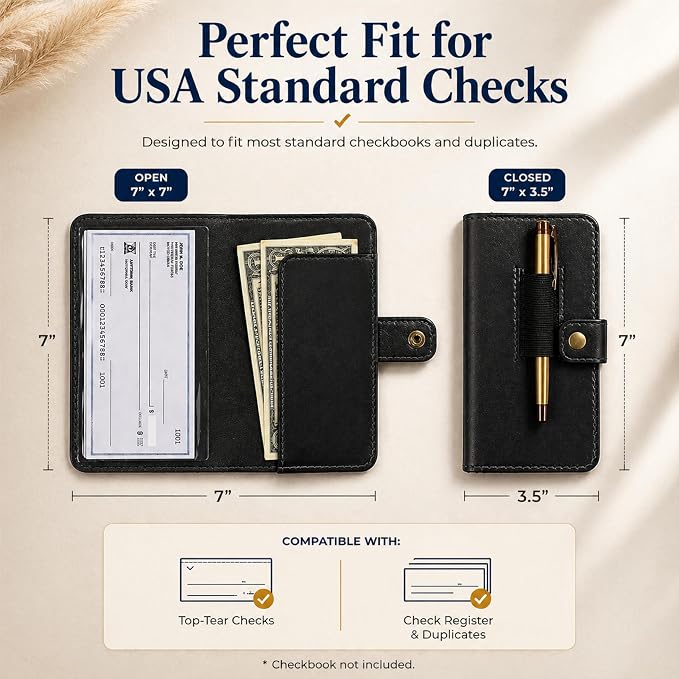 Genuine Black Leather Checkbook Cover - Handmade Check Holder with Divider & ID Window, Slim Organizer Wallet for Business, Travel & Everyday Use 3.5 x 7
