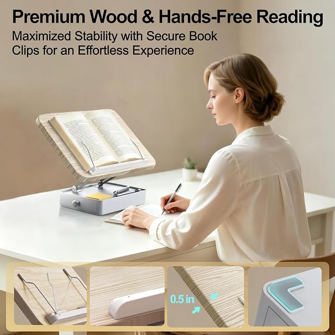Book Stand with Storage Drawer, Adjustable Wooden Reading Stand for Desk, Ergonomic Height & Angle Book Holder for Textbooks, Cookbooks, Documents (White Ash Finish, 9.8" x 13.8" Large Panel)