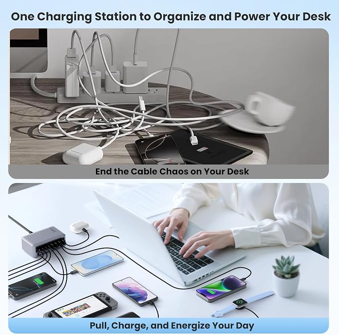 345W USB C Charger 10 in 1 Retractable Wall Charger with 2 Cables,GaN 6 USB C Charging Station Phone Charging PD Laptop Charger Adapter for MacBook Pro/Air,DELL,iPhone17/16/15,Galaxy S24,Android etc