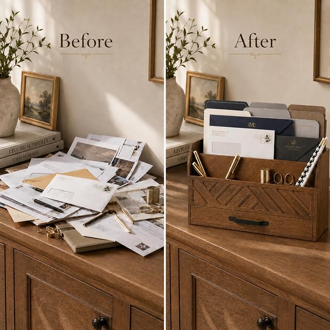 BLU MONACO | Wooden Mail Organizer with Drawer and Compartments | Mail Sorter Organizer Countertop for Desk Entryway | Outgoing Mail Holder Wood Desktop File Storage
