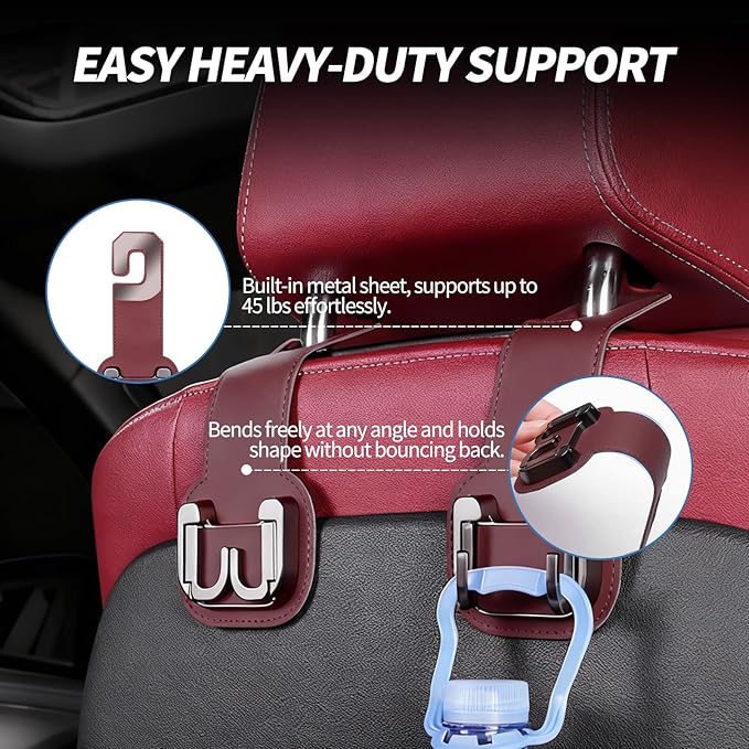 2 Packs Headrest Hooks for Car, Hidden Twinhook Leather & Metal Car Purse Holders, Universal Seat Back Storage Organizer Hanger for Purse Bag Handbags Phones, 2026 Car Seat Accessories (Red)