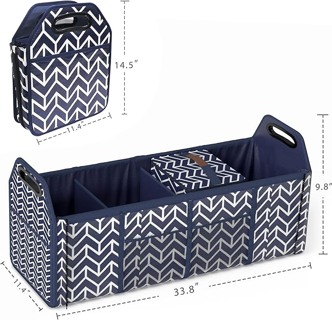 Trunk Organizer for car, Foldable Car Storage Bag Portable Insulation Cooler Bag Collapsible Vehicle Organizer Divider Storage Totes with 4 Compartment Cargo Tote for Groceries Caddy SUV, Navy Blue