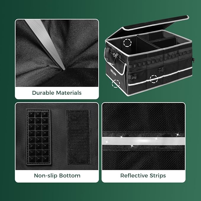 WELKIN 15GAL/60L Car Trunk Organizer with Lid & Dividers - Heavy Duty Collapsible Storage Organizer for SUV Sedan Truck - Waterproof Foldable Cargo Organizer for Groceries, Camping, Travel Accessories