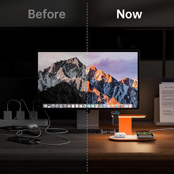 GUSGU 3 in 1 Charging Station for MagSafe Wireless Charger with Three-Level Night Light, 15W Max Fast Charging for iPhone Series/Samsung Galaxy Series, Apple/Samsung Watch Series, AirPods-Orange