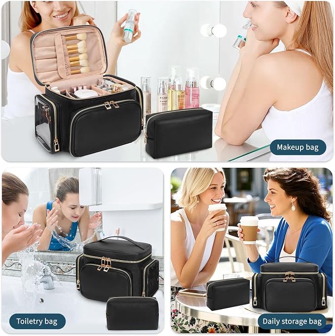 Makeup Bag Set, Portable Travel Makeup Bag Organizer for Women Cute Cosmetic Pouch Large Capacity with Makeup Brush Compartment, Cosmetic Travel Bag with Divider and Handle Toiletry Bag - Black