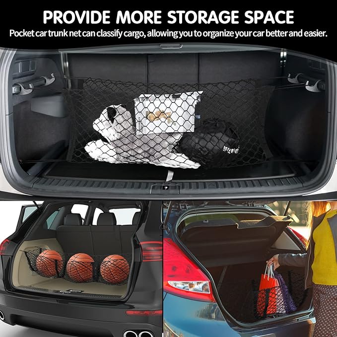 Tallew 2 Pcs Car Rear Cargo Net, Adjustable Elastic Mesh Cargo Net, 3 Pocket Heavy Duty Trunk Bed Storage Organizer, Universal for Car SUV Vehicle Pickup Truck with Accessories(43.3 x 15.7 Inches)