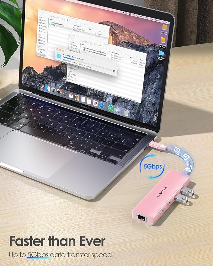 LENTION USB C Hub with Gigabit Ethernet Adapter, 4K HDMI, 3 USB 3.0 Port for MacBook Pro, New Mac Air, Surface, Chromebook, More, Stable Driver Certified (CB-C25, Rose Gold)