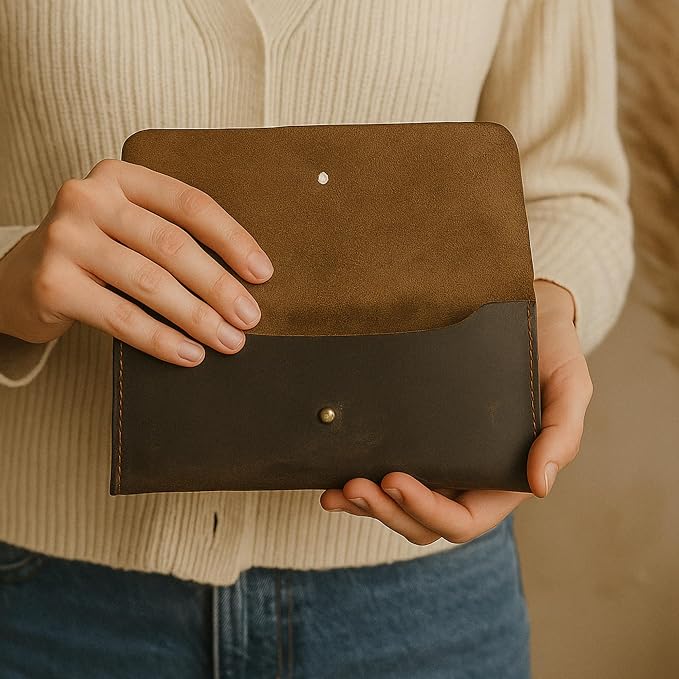 Leather Currency Pouch Large Flap Continental Wallet, Utility Organizer Bag for Cash Coins Travel Leather Money Pouch Envelope Storage Bag and Cash Organizer Men Women (Dark Brown)