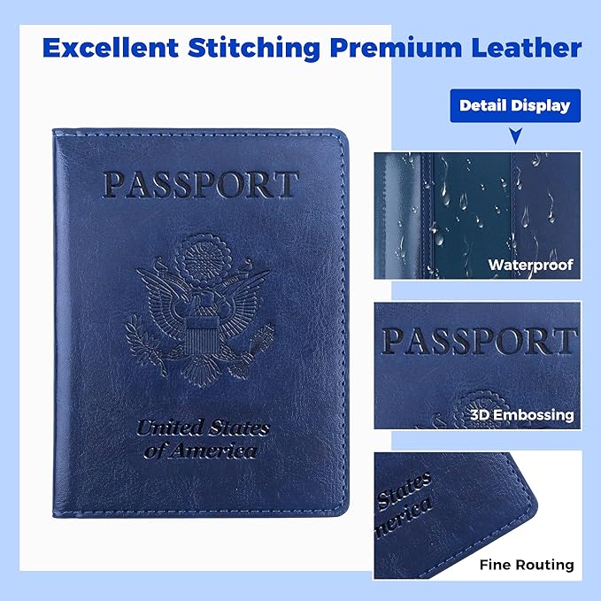 Passport Holder for Travel Men Women - Passport Cover, Passport Wallet Case Travel Essentials Travel Must Haves Accessories Blocking Leather Card Slot Protector for Stocking Stuffers Gifts, Navy Blue