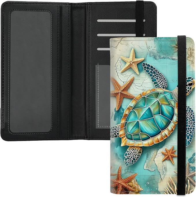 Premium PU Leather Checkbook Cover for Men & Women,RFID Blocking Slim Check Book Holder with Duplicate Check Divider & Pen Holder,Fits Standard Personal Checks,Retro Sea Turtle