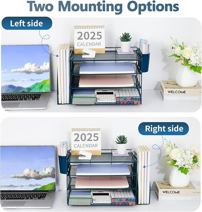 OPNICE Desk Organizer, 4-Tier Desktop File Organizer with Drawer and 2 Pen Holders, Office Desk Accessories, File Sorters, Workspace Organizers for Office Supplies(Dark Blue)