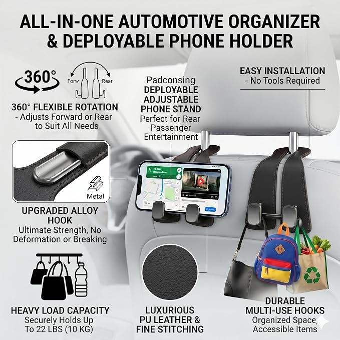 2 Pack Leather Car Seat Back Double Hooks - Heavy Duty Metal Core Headrest Hangers for Purses, Bags & Groceries - Anti-Drop & Scratch-Free Auto Interior Organizer Holder (Black)