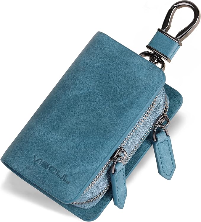 VISOUL Car Key Case Holder Double Zipper, Leather Car Smart Key Fob Case with Keychain for Men and Women