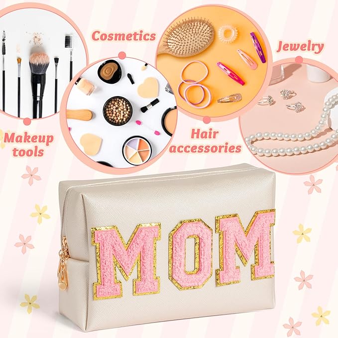 Y1tvei Preppy MOM Cosmetic Bag for Mother, Patch PU Leather Waterproof Makeup Bag with Zipper, Varsity Letter Toiletry Pouch Travel Organizer Mama to Be Gift for Birthday Mother's Day Baby Shower