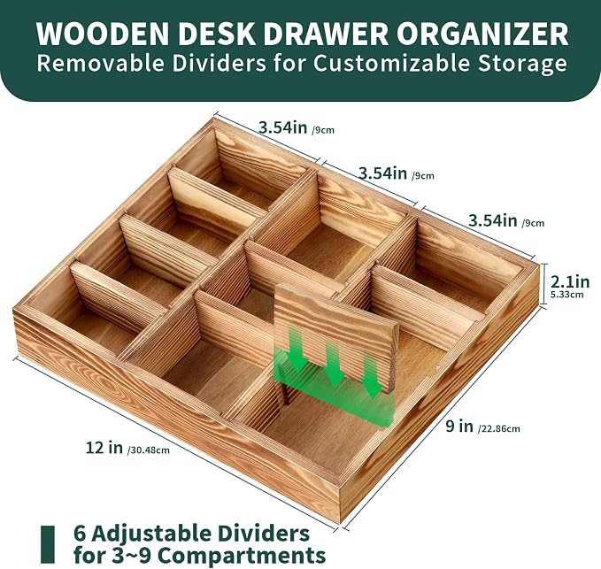 Wooden Desk Drawer Organizer, 9-Slot Office Organization and Storage Box, Adjustable Natural Wood Desktop Tray for Pens, Sticky Notes, and Small Accessories, Aesthetic Home Office Decor (12 x 9 In)