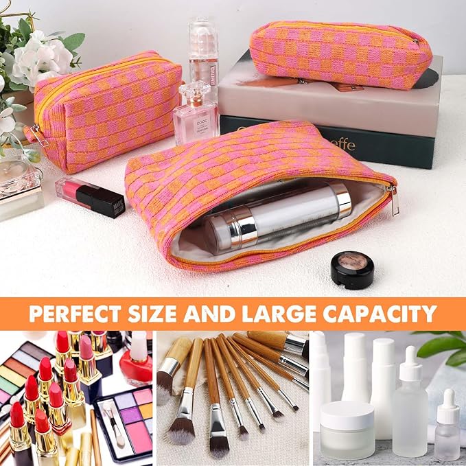 3 Pcs Makeup Bag Checkered Cosmetic Bag Large Capacity Traveling Toiletry Pounch Organizer Cute Makeup Brushes Aesthetic Accessories Storage Bag for Girls Women(Orange-Purple)