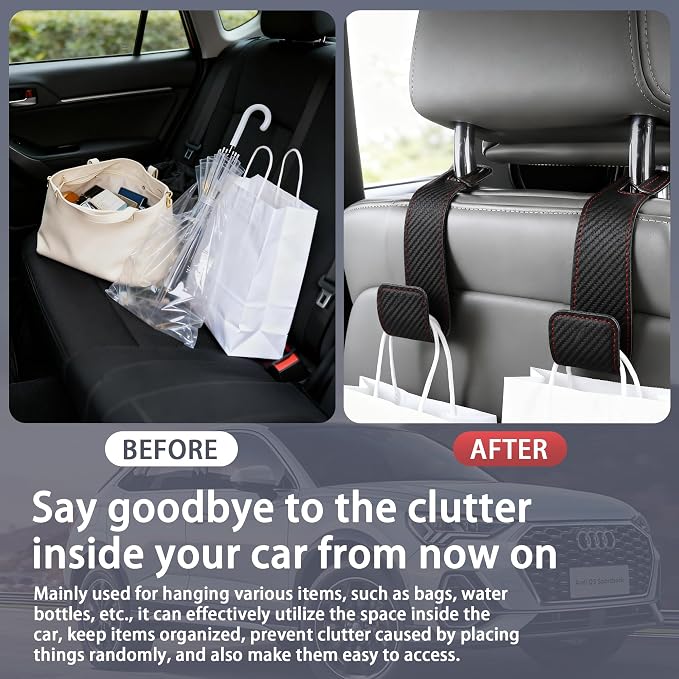Leather Car purse hooks with larger strap holder purse hook purse holder for car car seat back hooks Automotive seat back organizer headrest hooks for bags and purse (Black Carbon fiber, 2pcs)