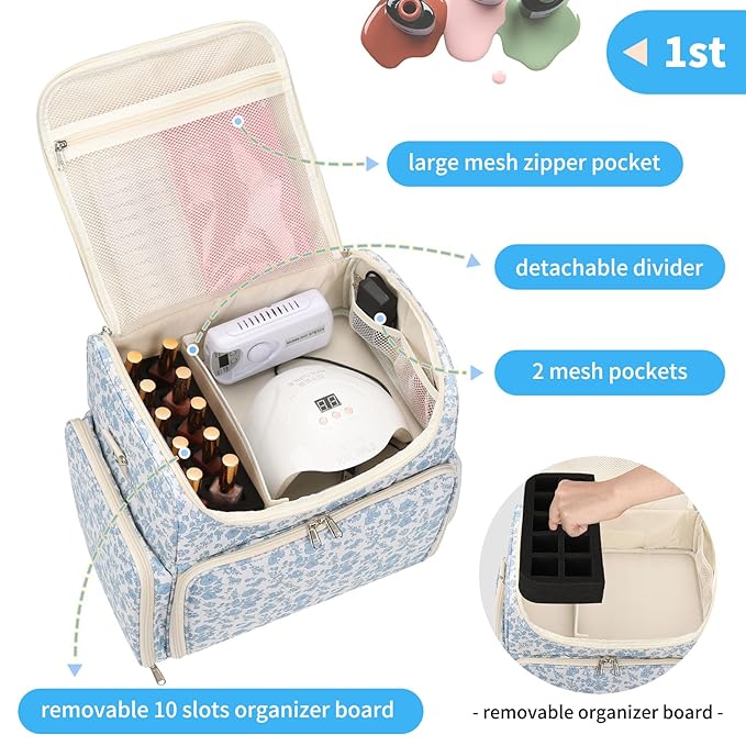 CUBETASTIC Extra Large Nail Polish Organizer Case Holds 86 to 100+ Bottles Nail Polish & Nail Lamp, Nail Supplies Storage Carrying Bag with 2 Removable Pouches (Blue Floral, 86 Slots)
