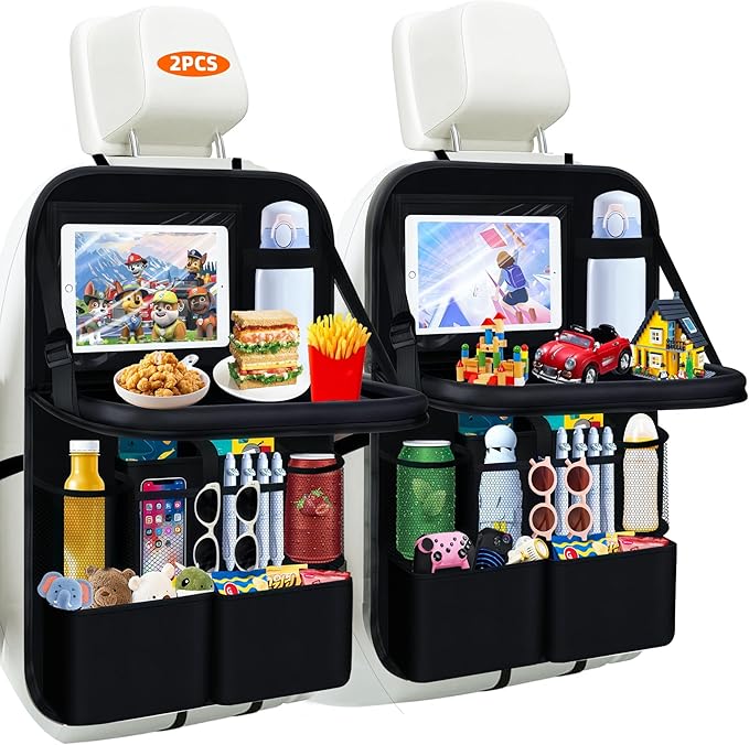 2PCS Backseat Car Organizer with Foldable Tray-11+2 Pockets Car Organizer and Storage,Car Seat Back Protector Road Trip Essentials Storage Caddy/Stuff for Cars/Truck/SUV Christmas Gifts