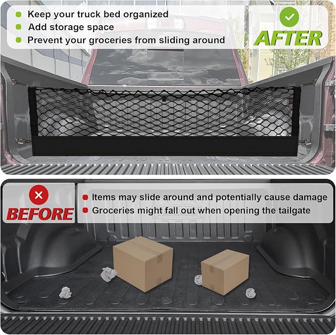 Muslogy Truck Bed Cargo Net Trunk Netting Compatible with Dodge Ram 1500 2019-2025 2026 Accessories, Pickup Cargo Organizer SUV Sedan Storage Net w/Heavy Duty Carabiners