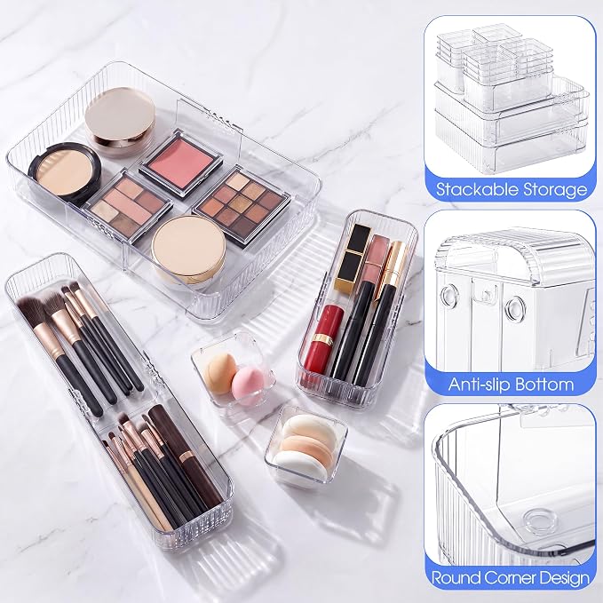 Aneco 14 Pieces Extendable Clear Drawer Organizer Adjustable Vanity Storage Box 4-Size Desk Drawer Divider Acrylic Storage Bins for Makeup, Cosmetic, Jewelries, Bedroom Kitchen Utensils Gadgets