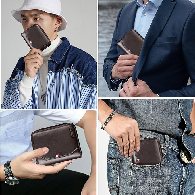 HUANLANG Mens Wallet RFID Blocking Multi Card Holder Wallets for Men Bifold Wallet with Zipper Small Men's Leather Wallet