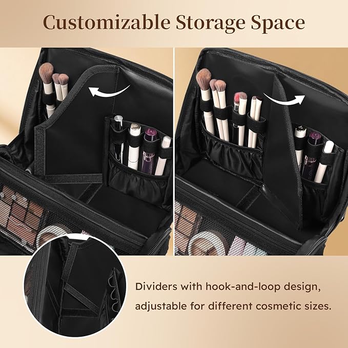 MOKURA Quilted Makeup Bag, Travel Large Capacity Cosmetic Bag with Jewelry Organizer, Standing Portable Make up Pouch, Waterproof Toiletry Case, Gifts for Women, Black