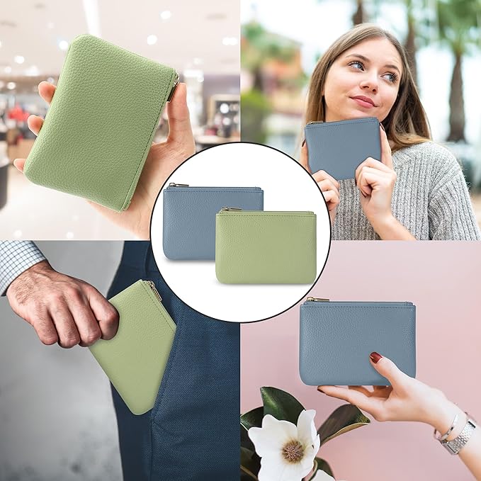 Chelmon PU Leather Coin Purse Pouch Change Holder Small With Zipper for Men Women 2 PCS Set (Blue&Light Green)