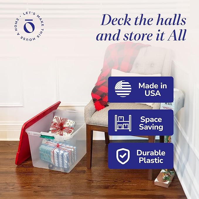 HOMZ 2 Pack Secure Latch, Clear Plastic Storage Organizer Bins, 64 Quart, Red Lid - Stackable Container Boxes for Bedroom, Bathroom, Garage, and Office Organization