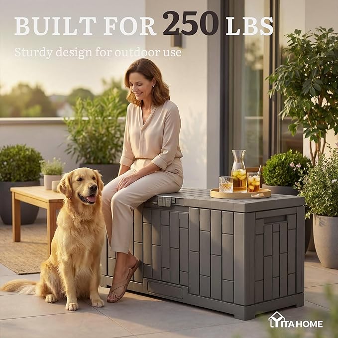 YITAHOME 60 Gallon Resin Deck Box, Weather Resistant Outdoor Rattan Storage Box with Slide-Locking Lid, Lockable Indoor Outdoor Storage for Supplies and Essentials, Taupe