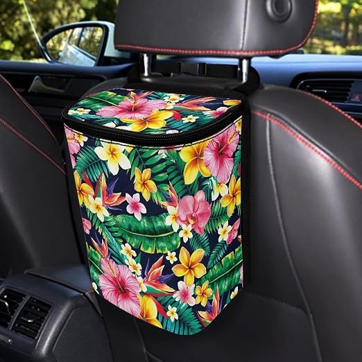 Biyejit Tropical Hibiscus Car Garbage Can Leak-Proof Car Trash Can with Lid and Storage Pockets, Automotive Trash Bin for Men and Women, Cars Interior Accessories