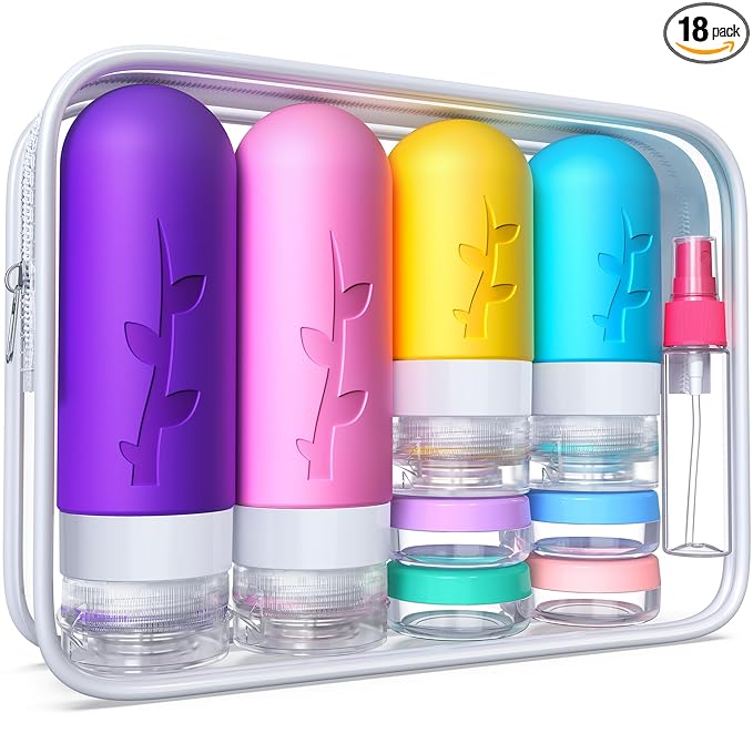 Tocelffe Travel Bottles,TSA Approved Containers for Toiletries, Silicone Leak Proof Refillable Liquid 3oz 2oz Travel essentials for Shampoo Conditioner Lotion BPA Free - Pack of 18