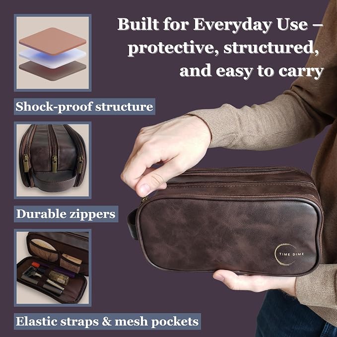 Premium Men’s Toiletry Bag with Drawstring Pouch – Durable Water-Resistant Leather-Look Travel Organizer for Shaving, Grooming & Hygiene Essentials (Dark Brown)