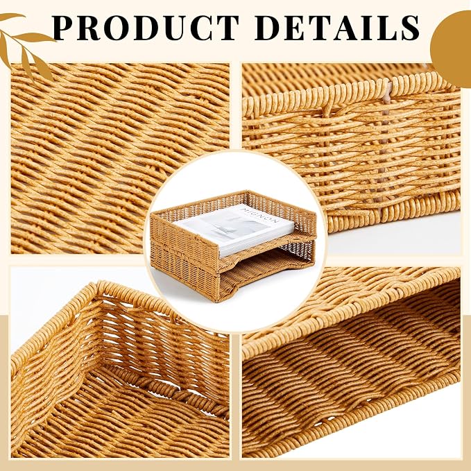 Yeaqee 2 Pcs Paper Tray Organizer for Desk Woven Letter File Organizer A4 File Tray Desk Paper Basket Letter Size Imitation Rattan Holder Organization Rack for Office Storage(Brown,Wheat Ear Pattern)