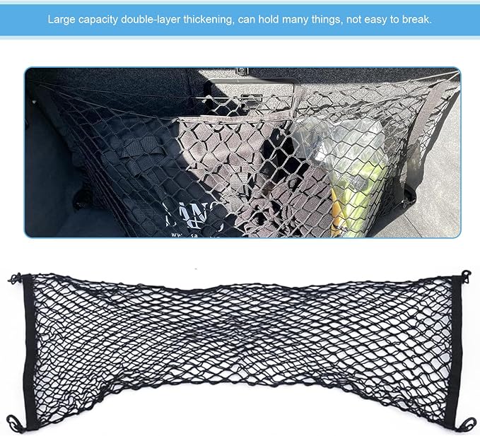 Car Rear Cargo Net, Adjustable Elastic Trunk Storage Organizer Net, 35.43" x 11.81" Double-layer Storage Net with Hooks, Universal Automotive Interior Accessories for Most Cars (Black)