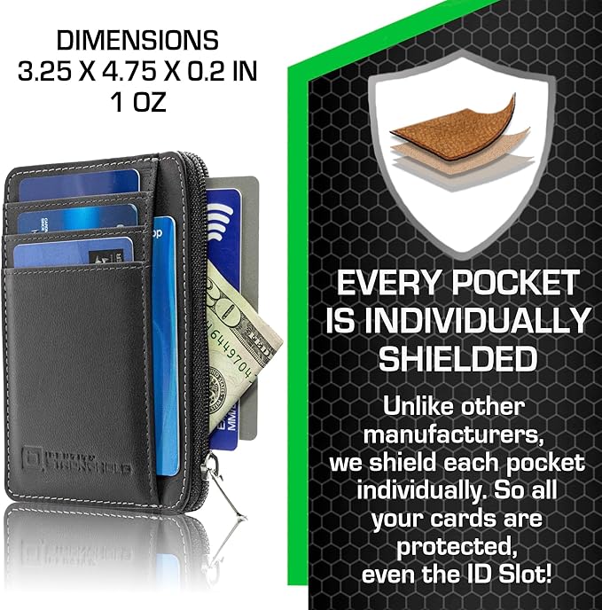 ID Stronghold RFID Front Pocket Wallet Mini Minimalist Wallet Slim Wallet Genuine Leather with Zipper, Small Black