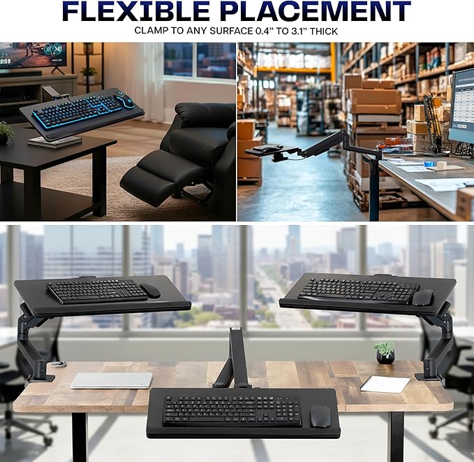 VIVO Sit-Stand 24 Inch Pneumatic Spring Keyboard and Mouse Tray Clamp-on Desk Mount, Counterbalance Height Adjustable Typing Platform, Ergonomic Tilt, Black, MOUNT-KB35CP