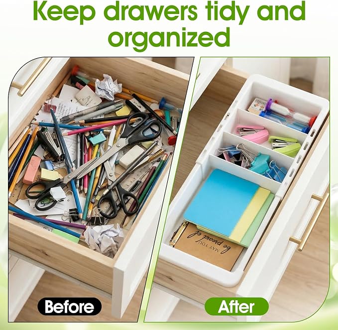 3 Pcs Expandable Drawer Organizer, Adjustable Drawer Organizer Trays Expandable Plastic Dividers Storage for Office Bathroom Bedroom Kitchen Desk (White)