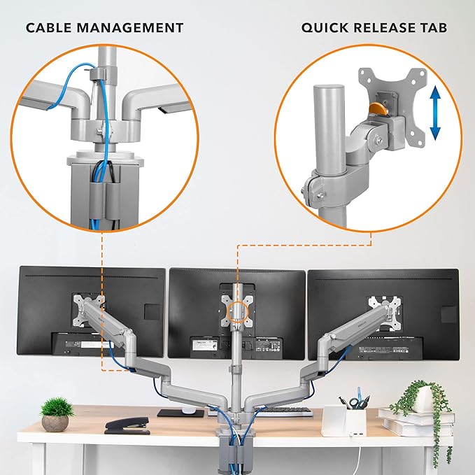 Mount-It! Triple Monitor Mount with Gas Spring Arms, Fits 24??2 Inch Screens, USB & Audio Ports, Full Motion Desk Stand with Tilt, Swivel & Rotation, Heavy Duty Silver 3 Screen Arm with Clamp