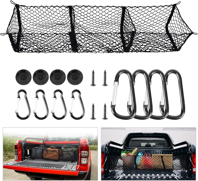 Truck Bed Cargo Net with Detachable 3 Pocket, 59“ Long Pickup Trunk Mesh Organizers & Elastic Storage for Tacoma Ford Chevy Silverado GMC etc,Grocery Holder Trunk Net with 8 Carabiners Accessories